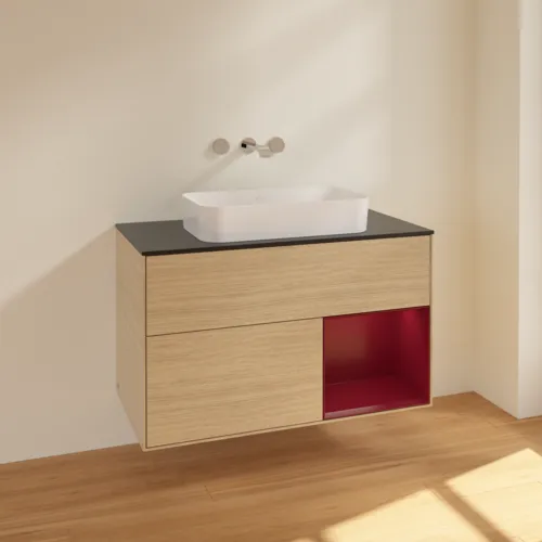 VILLEROY BOCH Toaletní stolek Finion, s osvětlením, 2 výsuvy, 1000 x 603 x 501 mm, dubová dýha / matný lak Pivoňka / matné černé sklo #F662HBPC, obrázek 2