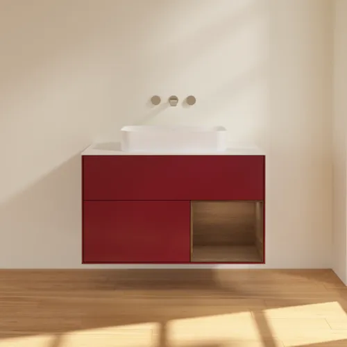 VILLEROY BOCH Toaletní skříňka Finion, s osvětlením, 2 výsuvy, 1000 x 603 x 501 mm, matný lak Peony / ořechová dýha / bílé matné sklo #F661GNHB, obrázek 3