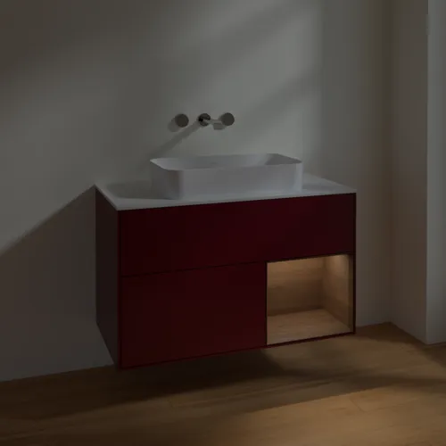 VILLEROY BOCH Toaletní skříňka Finion, s osvětlením, 2 výsuvy, 1000 x 603 x 501 mm, matný lak Peony / ořechová dýha / bílé matné sklo #F661GNHB, obrázek 5