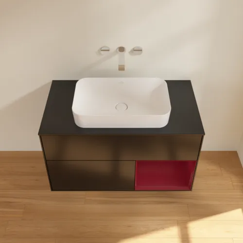 VILLEROY BOCH Toaletní skříňka Finion, s osvětlením, 2 výsuvy, 1000 x 603 x 501 mm, černý matný lak / pivoňkový matný lak / černé matné sklo #F662HBPD, obrázek 4