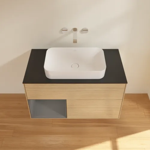 VILLEROY BOCH Toaletní skříňka Finion, s osvětlením, 2 výsuvy, 1000 x 603 x 501 mm, dubová dýha / antracitový matný lak / černé matné sklo #F652GKPC, obrázek 4