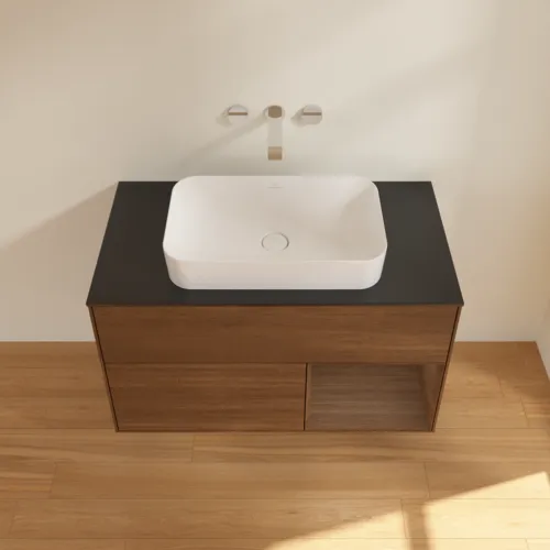 VILLEROY BOCH Toaletní stolek Finion, s osvětlením, 2 výsuvy, 1000 x 603 x 501 mm, ořechová dýha / ořechová dýha / sklo černé matné #F662GNGN, obrázek 4
