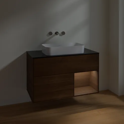 VILLEROY BOCH Toaletní stolek Finion, s osvětlením, 2 výsuvy, 1000 x 603 x 501 mm, ořechová dýha / ořechová dýha / sklo černé matné #F662GNGN, obrázek 5