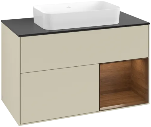 VILLEROY BOCH Toaletní skříňka Finion, s osvětlením, 2 výsuvy, 1000 x 603 x 501 mm, hedvábně šedý matný lak / ořechová dýha / černé matné sklo #F662GNHJ