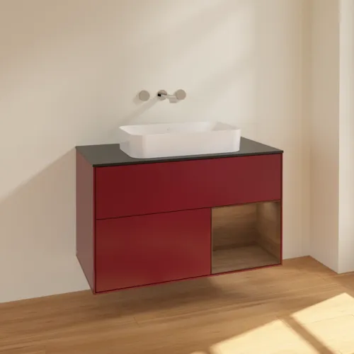 VILLEROY BOCH Toaletní stolek Finion, s osvětlením, 2 výsuvy, 1000 x 603 x 501 mm, matný lak Peony / ořechová dýha / černé matné sklo #F662GNHB, obrázek 2