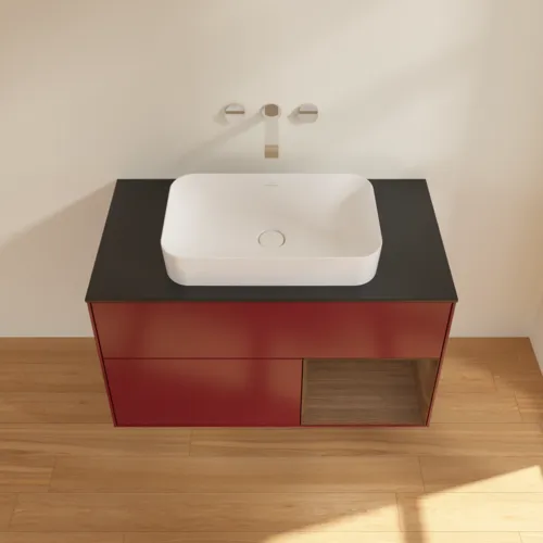 VILLEROY BOCH Toaletní stolek Finion, s osvětlením, 2 výsuvy, 1000 x 603 x 501 mm, matný lak Peony / ořechová dýha / černé matné sklo #F662GNHB, obrázek 4