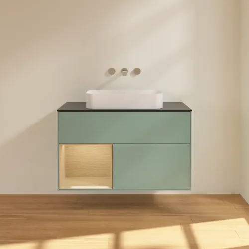 VILLEROY BOCH Toaletní skříňka Finion, s osvětlením, 2 výsuvy, 1000 x 603 x 501 mm, olivový matný lak / dubová dýha / sklo černé matné #F652PCGM, obrázek 3