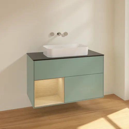 VILLEROY BOCH Toaletní skříňka Finion, s osvětlením, 2 výsuvy, 1000 x 603 x 501 mm, olivový matný lak / dubová dýha / sklo černé matné #F652PCGM, obrázek 2