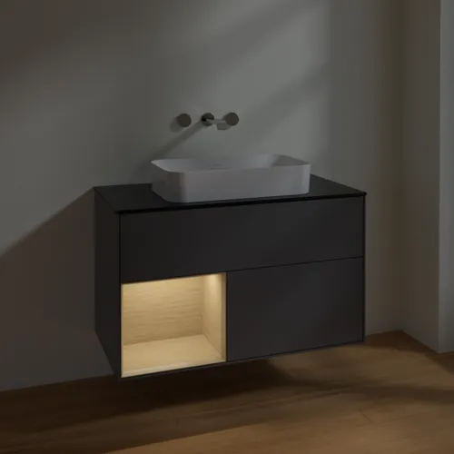 VILLEROY BOCH Toaletní skříňka Finion, s osvětlením, 2 výsuvy, 1000 x 603 x 501 mm, antracitový matný lak / dubová dýha / černé matné sklo #F652PCGK, obrázek 5