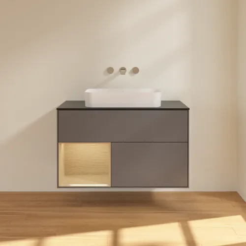 VILLEROY BOCH Toaletní skříňka Finion, s osvětlením, 2 výsuvy, 1000 x 603 x 501 mm, antracitový matný lak / dubová dýha / černé matné sklo #F652PCGK, obrázek 3