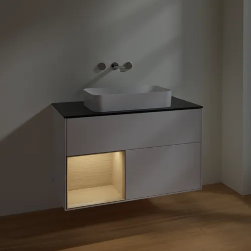 VILLEROY BOCH Toaletní skříňka Finion, s osvětlením, 2 výsuvy, 1000 x 603 x 501 mm, lesklý bílý lak / dubová dýha / černé matné sklo #F652PCGF, obrázek 5