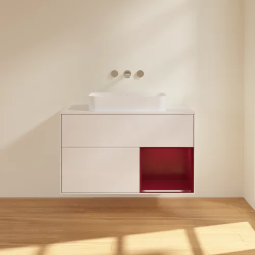 VILLEROY BOCH Toaletní skříňka Finion, s osvětlením, 2 výsuvy, 1000 x 603 x 501 mm, lesklý bílý lak / matný lak Pivoňka / matné bílé sklo #F661HBGF, obrázek 3