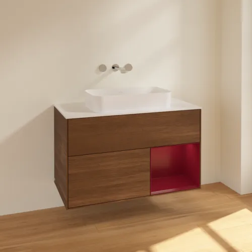VILLEROY BOCH Toaletní skříňka Finion, s osvětlením, 2 výsuvy, 1000 x 603 x 501 mm, ořechová dýha / matný lak Pivoňka / matné bílé sklo #F661HBGN, obrázek 2