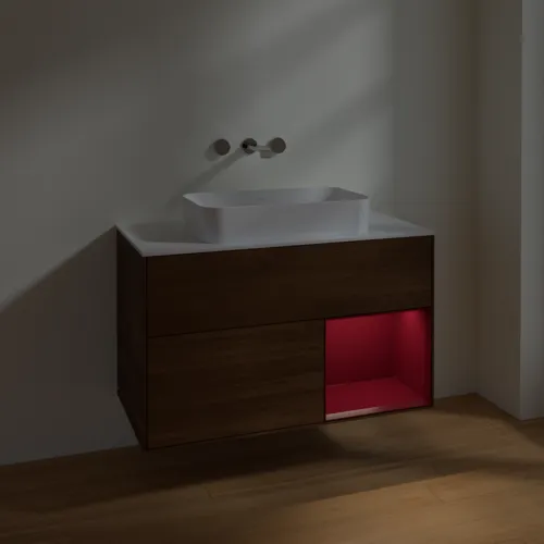 VILLEROY BOCH Toaletní skříňka Finion, s osvětlením, 2 výsuvy, 1000 x 603 x 501 mm, ořechová dýha / matný lak Pivoňka / matné bílé sklo #F661HBGN, obrázek 5