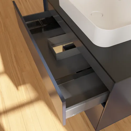 VILLEROY BOCH Toaletní skříňka Finion, s osvětlením, 2 výsuvy, 1000 x 603 x 501 mm, Midnight Blue Matt Lacquer / Oak Veneer / Glass Black Matt #F652PCHG, obrázek 8