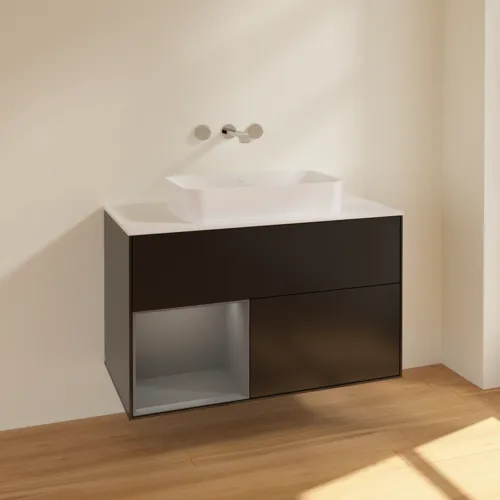 VILLEROY BOCH Toaletní skříňka Finion, s osvětlením, 2 výsuvy, 1000 x 603 x 501 mm, černý matný lak / antracitový matný lak / bílé matné sklo #F651GKPD, obrázek 2