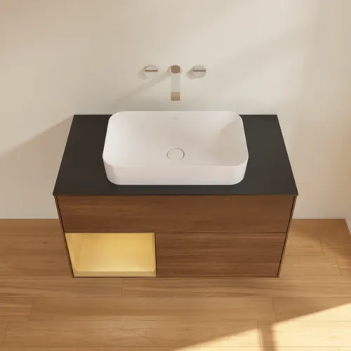 VILLEROY BOCH Toaletní skříňka Finion, s osvětlením, 2 výsuvy, 1000 x 603 x 501 mm, ořechová dýha / zlatý matný lak / černé matné sklo #F652HFGN, obrázek 4