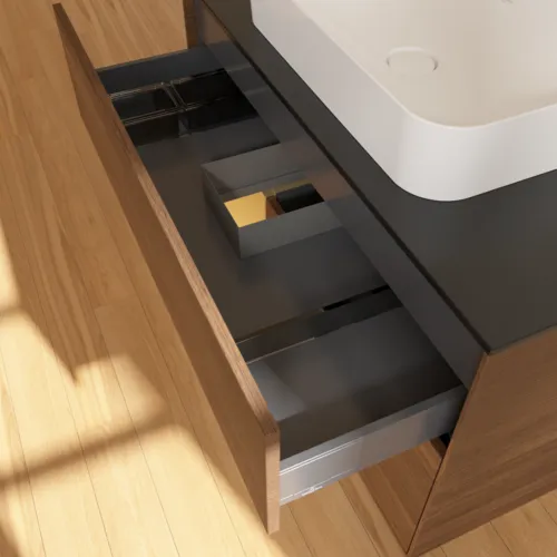 VILLEROY BOCH Toaletní skříňka Finion, s osvětlením, 2 výsuvy, 1000 x 603 x 501 mm, ořechová dýha / zlatý matný lak / černé matné sklo #F652HFGN, obrázek 8