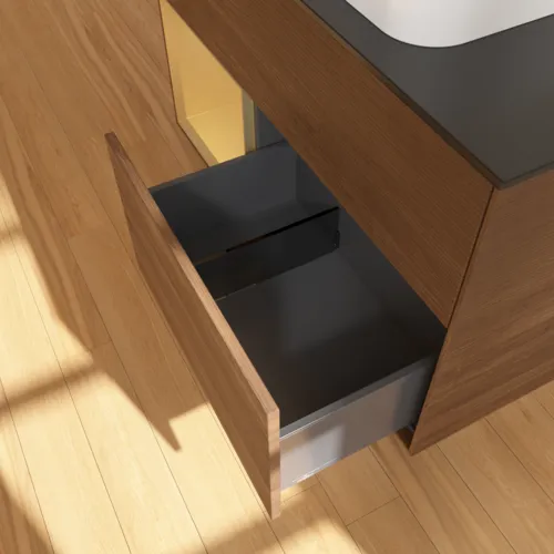 VILLEROY BOCH Toaletní skříňka Finion, s osvětlením, 2 výsuvy, 1000 x 603 x 501 mm, ořechová dýha / zlatý matný lak / černé matné sklo #F652HFGN, obrázek 7