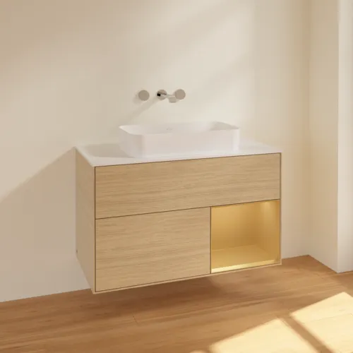 VILLEROY BOCH Toaletní stolek Finion, s osvětlením, 2 výsuvy, 1000 x 603 x 501 mm, dubová dýha / zlatý matný lak / sklo bílé matné #F661HFPC, obrázek 2