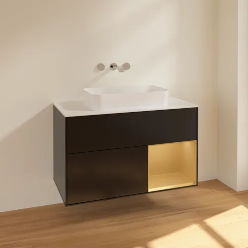 VILLEROY BOCH Toaletní skříňka Finion, s osvětlením, 2 výsuvy, 1000 x 603 x 501 mm, černý matný lak / zlatý matný lak / bílé matné sklo #F661HFPD, obrázek 2