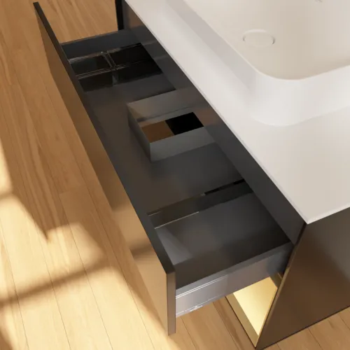 VILLEROY BOCH Toaletní skříňka Finion, s osvětlením, 2 výsuvy, 1000 x 603 x 501 mm, černý matný lak / zlatý matný lak / bílé matné sklo #F661HFPD, obrázek 8