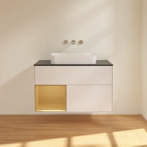 VILLEROY BOCH Toaletní skříňka Finion, s osvětlením, 2 výsuvy, 1000 x 603 x 501 mm, lesklý bílý lak / zlatý matný lak / černé matné sklo #F652HFGF, obrázek 3