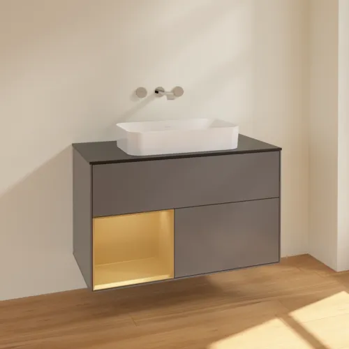 VILLEROY BOCH Toaletní skříňka Finion, s osvětlením, 2 výsuvy, 1000 x 603 x 501 mm, antracit matný lak / zlatý matný lak / černé matné sklo #F652HFGK, obrázek 2