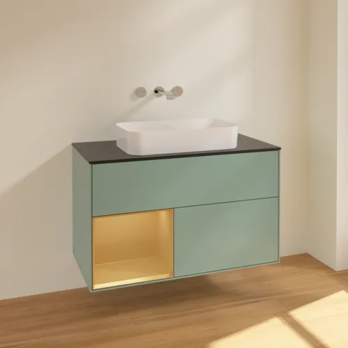 VILLEROY BOCH Toaletní skříňka Finion, s osvětlením, 2 výsuvy, 1000 x 603 x 501 mm, olivový matný lak / zlatý matný lak / černé matné sklo #F652HFGM, obrázek 2