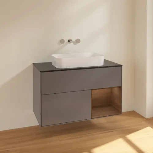 VILLEROY BOCH Toaletní skříňka Finion, s osvětlením, 2 výsuvy, 1000 x 603 x 501 mm, antracitový matný lak / ořechová dýha / černé matné sklo #F662GNGK, obrázek 2