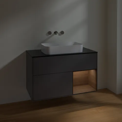 VILLEROY BOCH Toaletní skříňka Finion, s osvětlením, 2 výsuvy, 1000 x 603 x 501 mm, antracitový matný lak / ořechová dýha / černé matné sklo #F662GNGK, obrázek 5