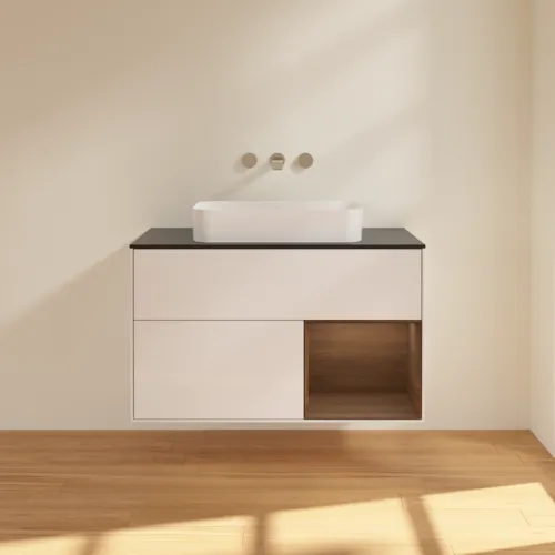 VILLEROY BOCH Toaletní skříňka Finion, s osvětlením, 2 výsuvy, 1000 x 603 x 501 mm, lesklý bílý lak / ořechová dýha / černé matné sklo #F662GNGF, obrázek 3