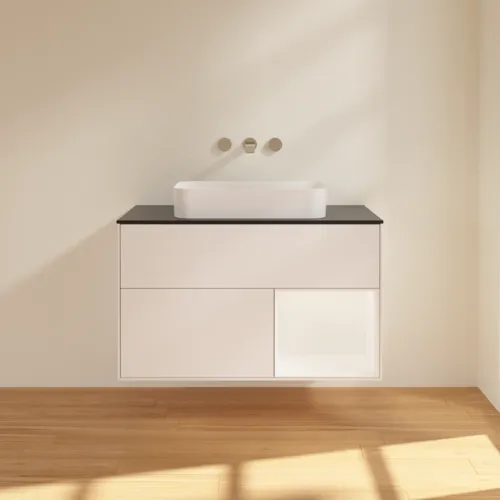 VILLEROY BOCH Toaletní skříňka Finion, s osvětlením, 2 výsuvy, 1000 x 603 x 501 mm, bílý matný lak / bílý matný lak / černé matné sklo #F662MTMT, obrázek 3