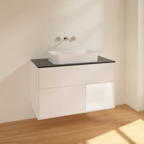 VILLEROY BOCH Toaletní skříňka Finion, s osvětlením, 2 výsuvy, 1000 x 603 x 501 mm, bílý matný lak / bílý matný lak / černé matné sklo #F662MTMT, obrázek 2