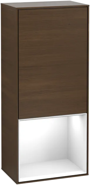 VILLEROY BOCH Boční skříňka Finion, s osvětlením, 1 dvířka, 418 x 936 x 270 mm, ořechová dýha / lesklý bílý lak #F550GFGN