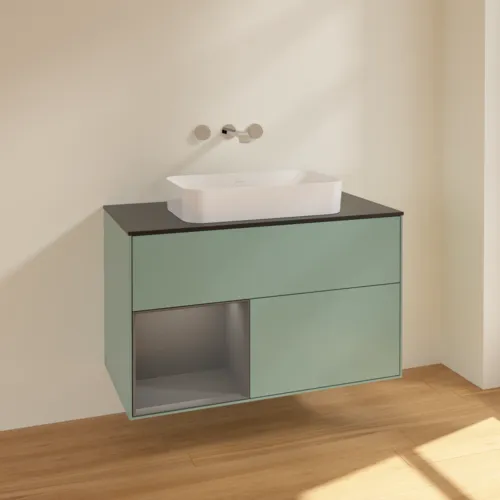 VILLEROY BOCH Toaletní skříňka Finion, s osvětlením, 2 výsuvy, 1000 x 603 x 501 mm, olivový matný lak / antracitový matný lak / černé matné sklo #F652GKGM, obrázek 2
