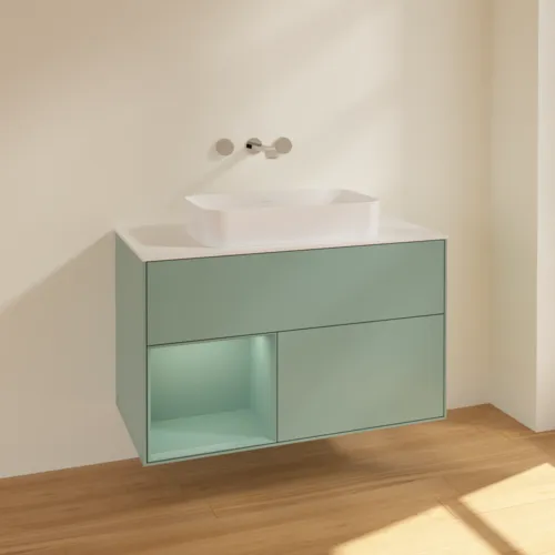 VILLEROY BOCH Toaletní skříňka Finion, s osvětlením, 2 výsuvy, 1000 x 603 x 501 mm, olivově matný lak / olivově matný lak / sklo bílé matné #F651GMGM, obrázek 2