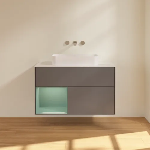 VILLEROY BOCH Toaletní skříňka Finion, s osvětlením, 2 výsuvy, 1000 x 603 x 501 mm, antracitový matný lak / olivový matný lak / bílé matné sklo #F651GMGK, obrázek 3