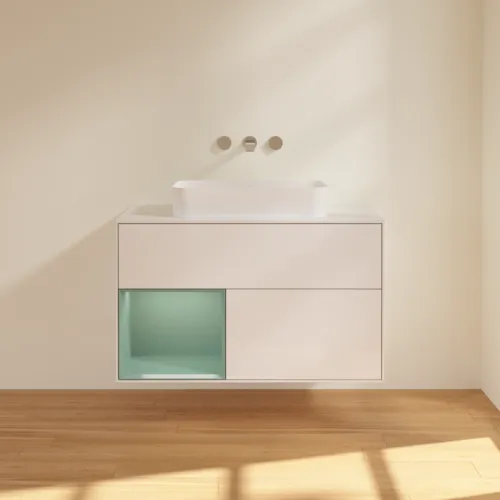 VILLEROY BOCH Toaletní skříňka Finion, s osvětlením, 2 výsuvy, 1000 x 603 x 501 mm, lesklý bílý lak / olivově matný lak / sklo bílé matné #F651GMGF, obrázek 3