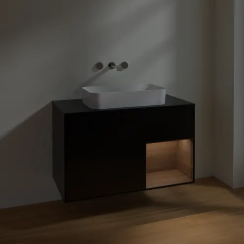 VILLEROY BOCH Toaletní skříňka Finion, s osvětlením, 2 výsuvy, 1000 x 603 x 501 mm, černý matný lak / ořechová dýha / černé matné sklo #F662GNPD, obrázek 5