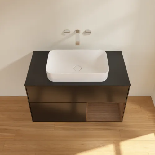 VILLEROY BOCH Toaletní skříňka Finion, s osvětlením, 2 výsuvy, 1000 x 603 x 501 mm, černý matný lak / ořechová dýha / černé matné sklo #F662GNPD, obrázek 4