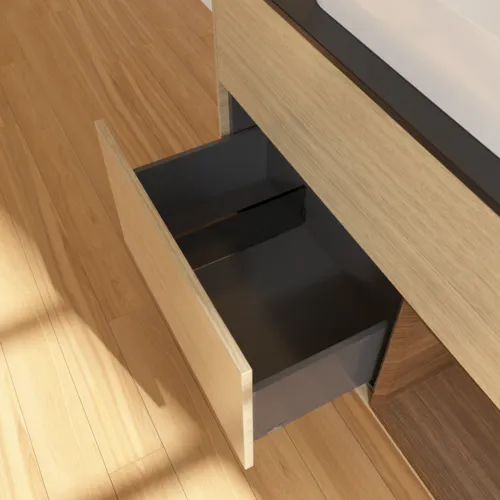 VILLEROY BOCH Toaletní stolek Finion, s osvětlením, 2 výsuvy, 1000 x 603 x 501 mm, dubová dýha / ořechová dýha / sklo černé matné #F662GNPC, obrázek 7
