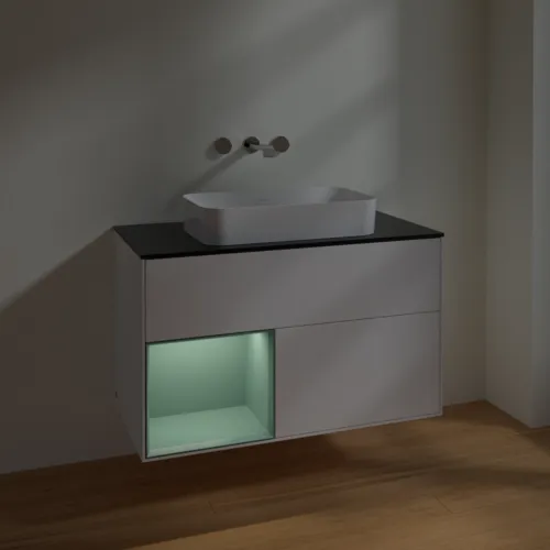 VILLEROY BOCH Toaletní skříňka Finion, s osvětlením, 2 výsuvy, 1000 x 603 x 501 mm, bílý matný lak / olivový matný lak / černé matné sklo #F652GMMT, obrázek 5