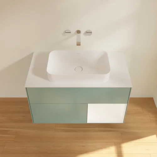 VILLEROY BOCH Toaletní skříňka Finion, s osvětlením, 2 výsuvy, 1000 x 603 x 501 mm, olivový matný lak / bílý matný lak / bílé matné sklo #F661MTGM, obrázek 4