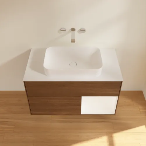 VILLEROY BOCH Umyvadlová skříňka Finion, s osvětlením, 2 výsuvy, 1000 x 603 x 501 mm, ořechová dýha / bílý matný lak / bílé matné sklo #F661MTGN, obrázek 4
