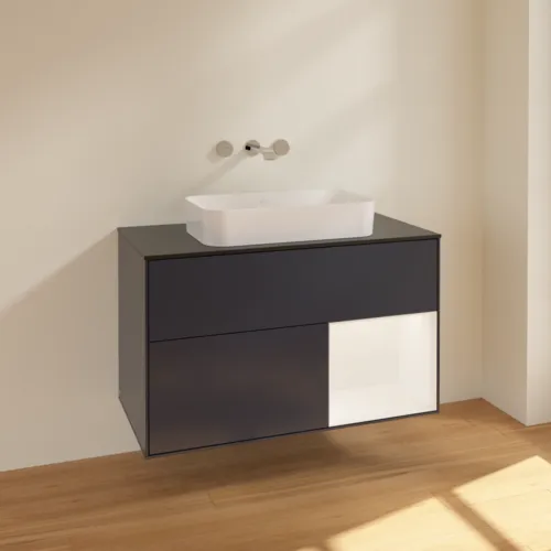 VILLEROY BOCH Toaletní skříňka Finion, s osvětlením, 2 výsuvy, 1000 x 603 x 501 mm, Midnight Blue Matt Lacquer / White Matt Lacquer / Glass Black Matt #F662MTHG, obrázek 2