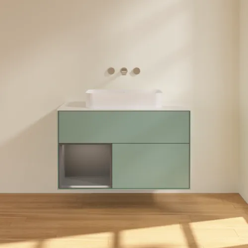 VILLEROY BOCH Toaletní skříňka Finion, s osvětlením, 2 výsuvy, 1000 x 603 x 501 mm, olivový matný lak / antracitový matný lak / bílé matné sklo #F651GKGM, obrázek 3