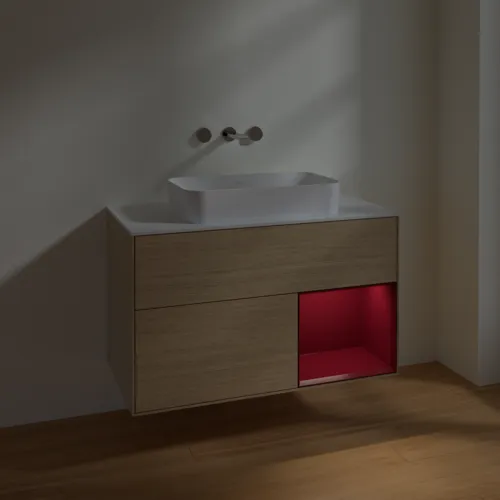 VILLEROY BOCH Toaletní stolek Finion, s osvětlením, 2 výsuvy, 1000 x 603 x 501 mm, dubová dýha / matný lak Pivoňka / matné bílé sklo #F661HBPC, obrázek 5