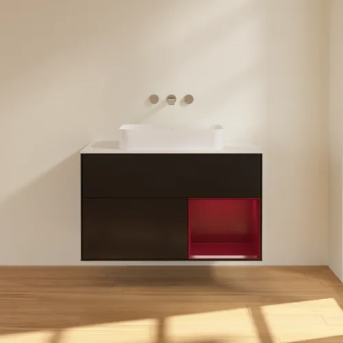 VILLEROY BOCH Toaletní skříňka Finion, s osvětlením, 2 výsuvy, 1000 x 603 x 501 mm, černý matný lak / pivoňkový matný lak / bílé matné sklo #F661HBPD, obrázek 3
