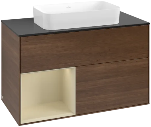 VILLEROY BOCH Toaletní stolek Finion, s osvětlením, 2 výsuvy, 1000 x 603 x 501 mm, ořechová dýha / hedvábně šedý matný lak / sklo černé matné #F652HJGN